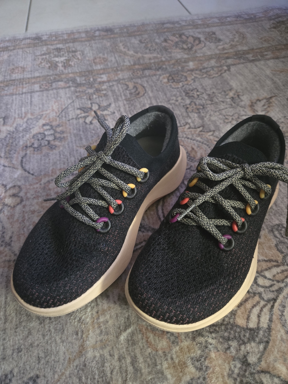 allbirds Tree Dasher Women's Black Sneakers Cream Sole and Multicolor Eyelets